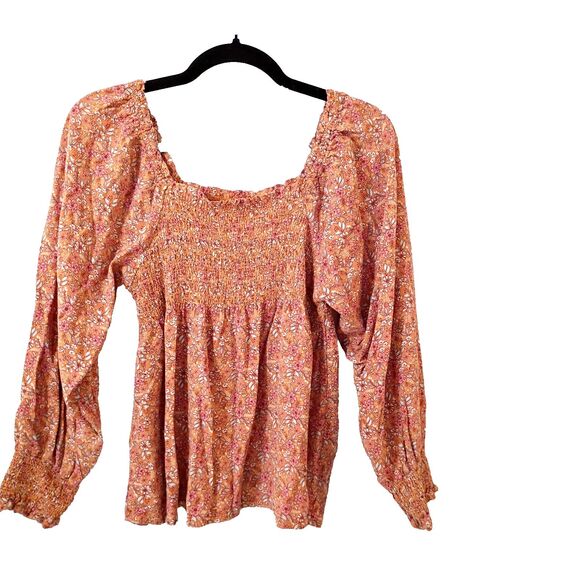 Peasant Milkmaid Top Long Ruffle Sleeve Smocked Size S* Peach Pink Ditsy Floral - Picture 2 of 8